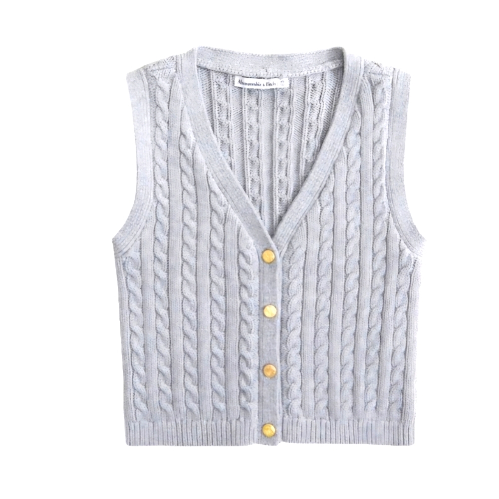 Abercrombie & Fitch Mara Cable Button Up Sweater Vest, Gray, XS